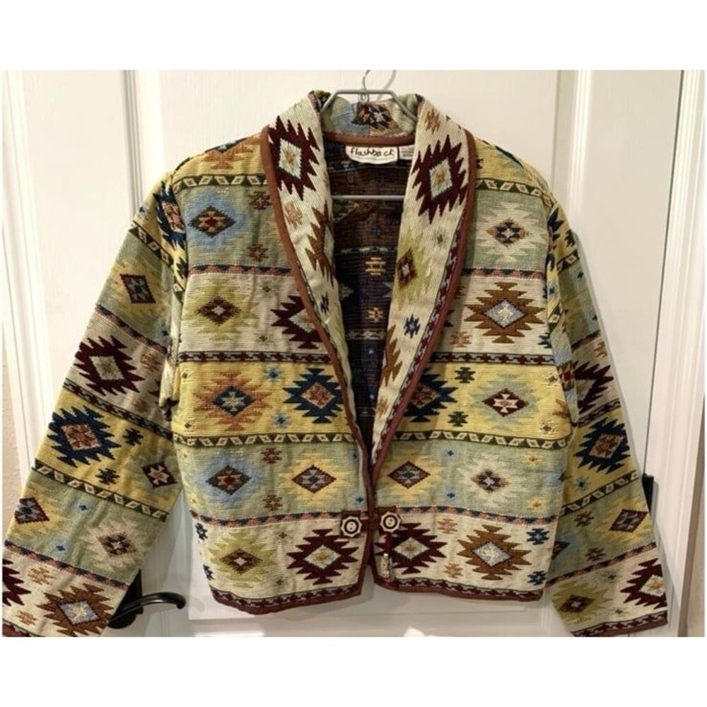 Vintage Boho Aztec Flashback Southwest Tapestry Cardigan Jacket Sz Medium